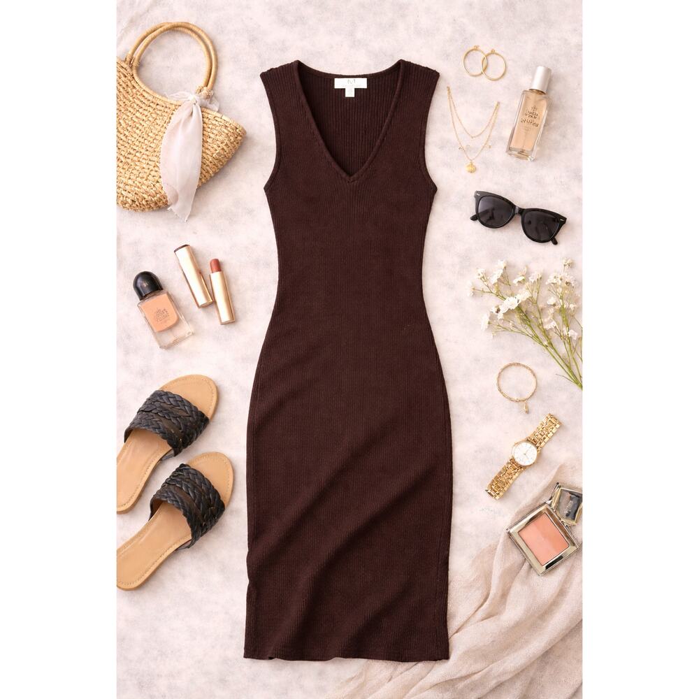 Magaschoni Women's Ribbed Sleeveless V Neck Midi Dress Stretch Bodycon Brown L